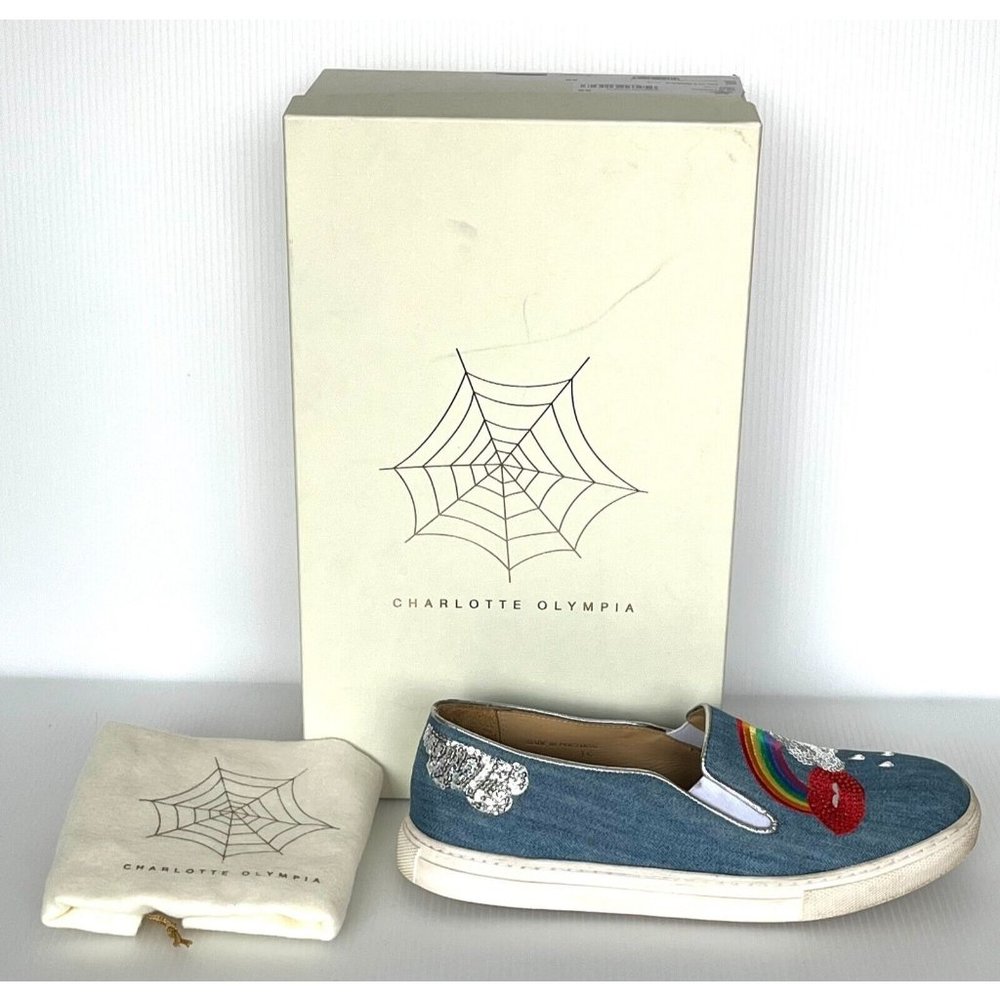 Charlotte Olympia "Alex" Blue Slip-On Sneakers W/ Embroidered Rainbow, Size 9
